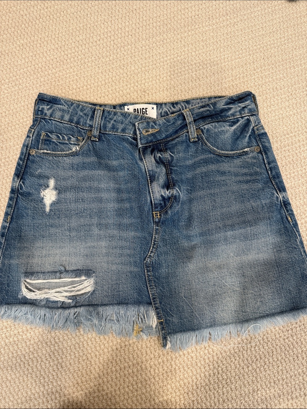 PAIGE Frayed Hem Distressed Denim Skirt - Medium Blue